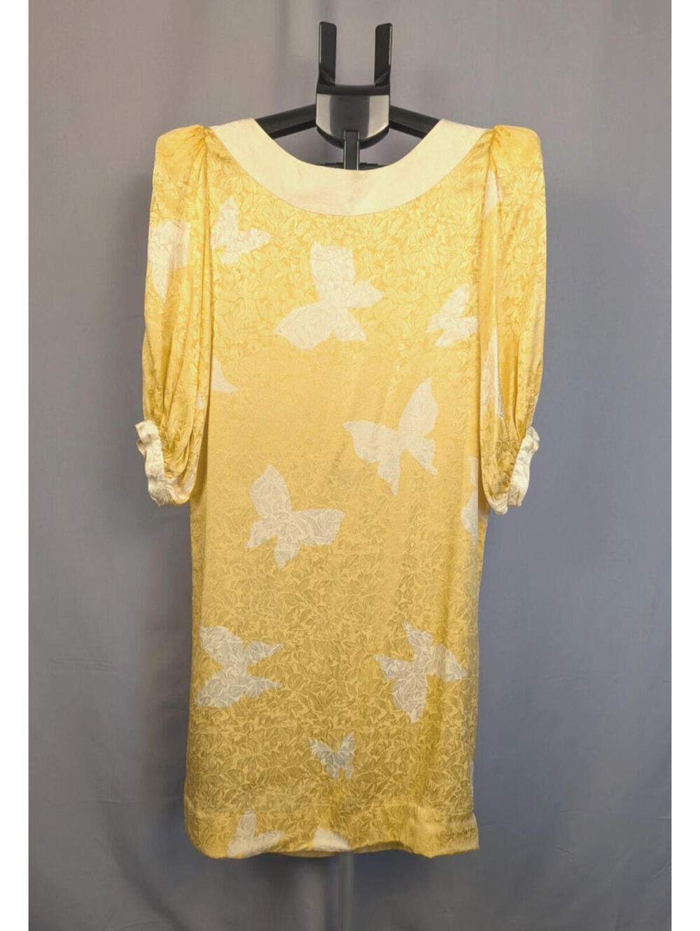Romantic Vintage Flora Kung Yellow Silk Jacquard Butterfly Shift Dress Sz 6